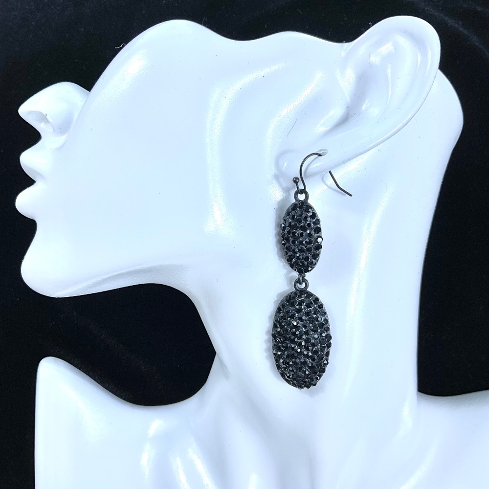 Black Beaded Dangle Earrings Oval Vintage Gatsby